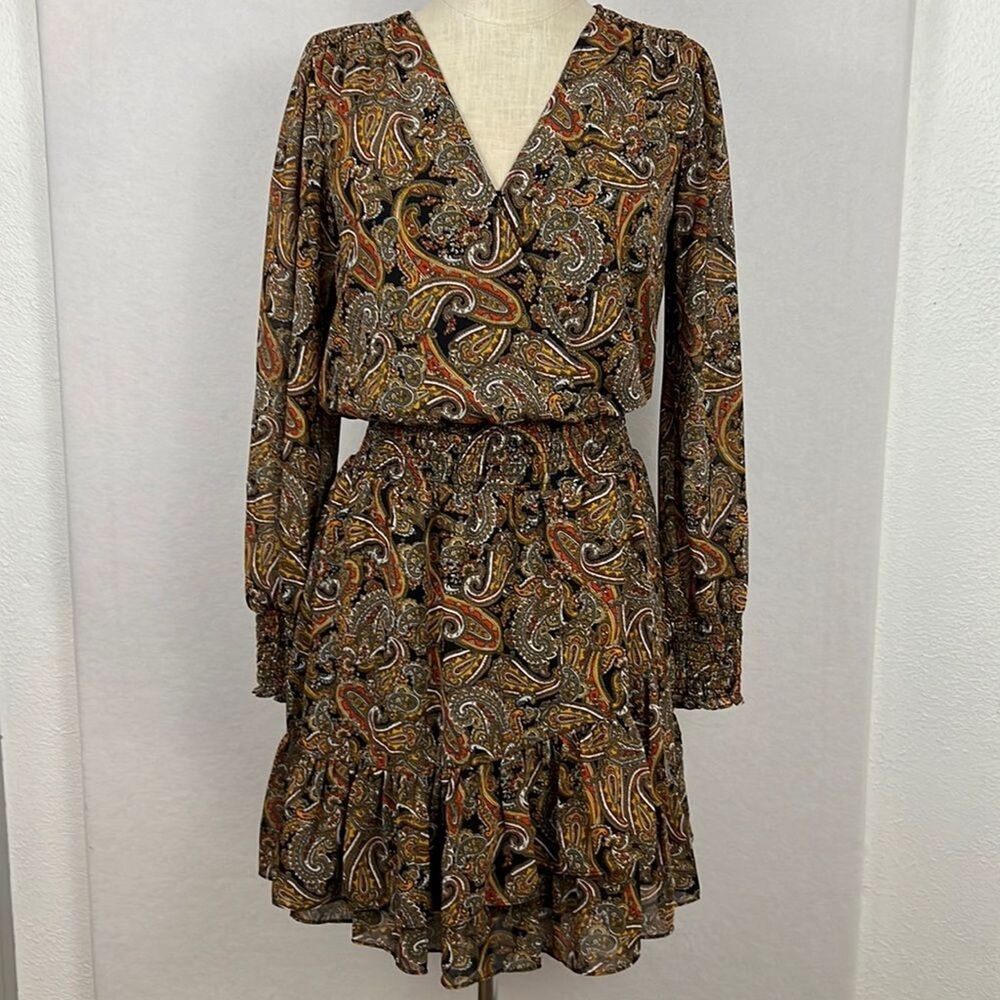Michael Kors Paisley Boho Dress Smocked Waist Ruffle Hem Rustic Romance Size S - Picture 2 of 15